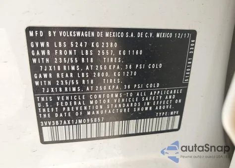 2018 Volkswagen Tiguan 2.0T Se/2.0T Sel from USA, damaged, VIN 3VV3B7AX1JM095857